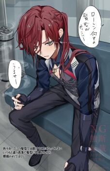 1boy black_pants bousuke_(bou_ningen) braid cigarette cleavage_cutout clothing_cutout commentary couch green_eyes hair_between_eyes hand_on_own_knee highres holding holding_cigarette jewelry key key_necklace lauren_iroas lauren_iroas_(1st_costume) long_hair long_sleeves looking_at_viewer male_focus necklace nijisanji on_couch pants parted_lips ponytail red_hair side_braid side_ponytail sitting smoke smoke_trail smoking solo speech_bubble tile_floor tiles trash_can virtual_youtuber