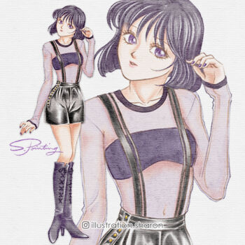 Rule 34 | 1girl, alternate costume, bishoujo senshi sailor moon, black hair, black shorts, blunt bangs, blunt ends, boots, collarbone, commentary request, high heel boots, high heels, illustration sharon, instagram username, leather shorts, lips, looking at viewer, midriff, purple boots, purple eyes, short hair, shorts, signature, simple background, skirt, smile, solo, suspender skirt, suspenders, tomoe hotaru, white background