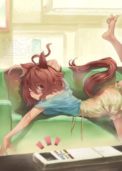 1girl ? absurdres agnes_tachyon_(umamusume) alternate_costume animal_ears arm_up barefoot bra_strap brown_hair closed_mouth clothing_cutout confused controller couch dated foot_up furrowed_brow hair_between_eyes high-waist_shorts highres horse_ears horse_girl horse_tail indoors lying medium_hair on_couch on_stomach outstretched_arm remote_control rinka_(tonariuta) shirt shorts solo sweat table tail tail_through_clothes toes umamusume watermark