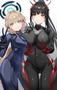 2girls asymmetrical_docking black_bodysuit black_hair blonde_hair blue_archive blue_bodysuit blue_eyes bodysuit breast_press breasts commentary_request covered_navel cowboy_shot double_v hair_intakes halo headgear highres large_breasts long_hair looking_at_viewer medium_breasts multiple_girls official_alternate_costume ponytail red_eyes ringed_eyes rio_(armed)_(blue_archive) rio_(blue_archive) sidelocks simple_background toki_(armed)_(blue_archive) toki_(blue_archive) v very_long_hair w white_background yu_ni_t