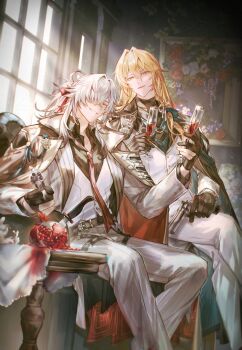 Rule 34 | 2boys, aiming, aiming at viewer, alcohol, belt, belt buckle, black belt, black coat, black gloves, black shirt, blonde hair, buckle, coat, coat on shoulders, collared coat, collared shirt, commentary, crossed bangs, cup, drinking glass, flower, food, fruit, gloves, green eyes, grey jacket, grey pants, grin, gun, hair intakes, hair over one eye, hair ribbon, hand up, handgun, hata (ohataa0), highres, holding, holding cup, holding gun, holding weapon, honkai: star rail, honkai (series), indoors, jacket, jing yuan, kitchen knife, knife, lapels, light particles, long hair, long sleeves, looking at viewer, loose necktie, luocha (honkai: star rail), male focus, multiple boys, necktie, one eye covered, open clothes, open jacket, open mouth, pants, parted bangs, parted lips, partially fingerless gloves, picture frame, pink flower, pinstripe jacket, pinstripe pants, pinstripe pattern, pomegranate, ponytail, purple flower, red flower, red necktie, red ribbon, red wine, ribbon, shirt, sitting, smile, symbol-only commentary, table, tablecloth, thigh belt, thigh strap, two-sided coat, two-sided fabric, vest, weapon, white flower, white hair, white jacket, white pants, white vest, window, wine, wooden table, yellow eyes