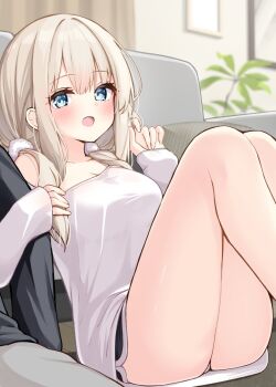 1boy 1girl :d ass bare_shoulders black_shirt black_shorts blue_eyes blurry blurry_background blush breasts brown_hair cleavage collarbone commentary_request couch curtains depth_of_field dolphin_shorts feet_out_of_frame grey_pants hair_over_shoulder hands_up highres indoors knees_up locked_arms long_hair long_sleeves low_twintails medium_breasts off_shoulder ominaeshi_(takenoko) on_couch open_mouth original pants pillow shirt short_shorts shorts sleeves_past_fingers sleeves_past_wrists smile twintails white_shirt