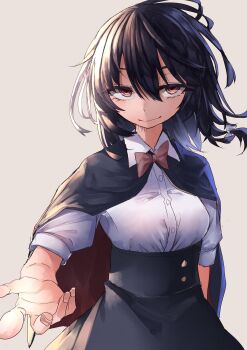 1girl absurdres alternate_eye_color arm_behind_back black_capelet black_hair black_skirt bow bowtie breasts buttons capelet closed_mouth collar highres looking_at_viewer muraryo no_headwear orange_eyes outstretched_hand shirt short_hair simple_background skirt sleeve_cuffs smile solo standing touhou usami_renko white_background white_bow white_collar white_shirt