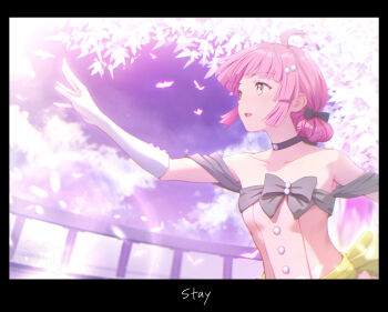 1girl ahoge birthday breasts cherry_blossoms collarbone elbow_gloves gloves hashtag-only_commentary highres love_live! love_live!_nijigasaki_high_school_idol_club medium_hair pink_hair shamakho small_breasts solo tennoji_rina upper_body white_gloves yellow_eyes