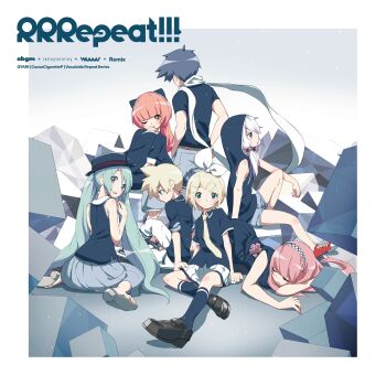 2boys 5girls album_cover aqua_hair blonde_hair blue_hair border cover from_behind gyari_(imagesdawn) hatsune_miku highres kagamine_len kagamine_rin kaito_(vocaloid) knee_up long_hair looking_at_viewer looking_back megurine_luka multiple_boys multiple_girls nekomura_iroha one_eye_closed pink_hair pleated_skirt purple_hair shoes short_hair sitting skirt sneakers standing very_long_hair vocaloid wariza white_border yuzuki_yukari