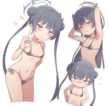 1girl absurdres annoyed armpits arms_behind_head arms_up bikini black_bikini black_hair blue_archive blue_eyes blush breasts closed_mouth collarbone dot_nose eyebrows_hidden_by_hair eyelashes feet_out_of_frame female_focus from_side grey_halo halo hand_up hands_on_own_hips happy highres jallass kisaki_(blue_archive) leaning_forward loli long_hair looking_at_viewer micro_bikini multiple_views navel open_mouth side-tie_bikini_bottom simple_background small_breasts smile standing swimsuit twintails upper_body v variant_set white_background