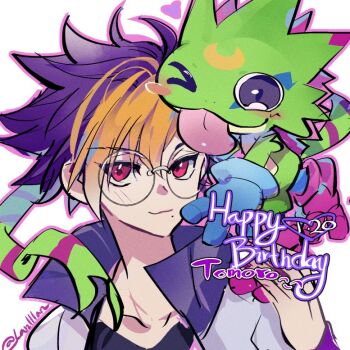 1boy black_shirt blonde_hair blue_hair closed_mouth crescent digimon digimon_(creature) digimon_beatbreak facial_mark forehead_mark gecko gekkomon glasses happy_birthday jacket lanlllan looking_up male_focus multicolored_hair on_head one_eye_closed purple_eyes round_eyewear shirt smile tenma_tomoro two-tone_hair upper_body white_background white_jacket white_shirt