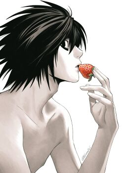 1boy absurdres adam&#039;s_apple bags_under_eyes black_eyes black_hair collarbone commentary death_note english_commentary fingernails food fruit highres l_(death_note) looking_at_viewer male_focus nifast_(greentail) nipples nude short_hair simple_background skinny solo strawberry twitter_username upper_body white_background