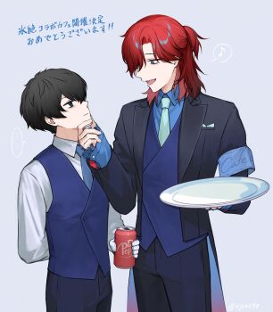 Rule 34 | ..., 2boys, :d, absurdres, armband, black eyes, black hair, blue armband, blue eyes, blue necktie, blue shirt, blue vest, butler, can, collared shirt, commentary request, cowboy shot, dr pepper, dress shirt, eye contact, grabbing another's chin, half updo, hand on another's chin, height difference, highres, holding, holding can, holding plate, hyoutenka 30-do no zetsubou, jh, kuchinashi dabi, looking at another, male focus, medium hair, mole, mole under eye, multiple boys, musical note, necktie, open mouth, plate, red hair, sharp teeth, shirt, simple background, smile, spoken ellipsis, spoken musical note, teeth, tonimura yui, vest, white background, white shirt
