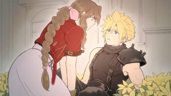 1boy 1girl aerith_gainsborough ameiro0814 armor bangle black_pants black_shirt blonde_hair blue_eyes bracelet braid braided_ponytail brown_hair church closed_mouth cloud_strife cropped_jacket dress earrings final_fantasy final_fantasy_vii final_fantasy_vii_remake flower flower_bed green_eyes hair_between_eyes hair_ribbon indoors jacket jewelry kneeling light_smile lily_(flower) long_dress long_hair looking_at_another pants parted_bangs parted_lips pauldrons pink_dress pink_ribbon red_jacket ribbon shirt short_hair short_sleeves shoulder_armor sidelocks single_bare_shoulder single_braid single_earring single_pauldron sitting sleeveless sleeveless_turtleneck spiked_hair stud_earrings suspenders turtleneck upper_body yellow_flower