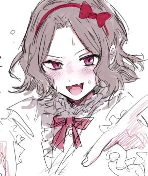 1girl blush bow bow_hairband bowtie brown_hair commentary_request ebizuka_tomo fang fanyaan girls_band_cry hairband highres looking_at_viewer medium_hair pink_eyes red_bow red_bowtie skin_fang solo sweat