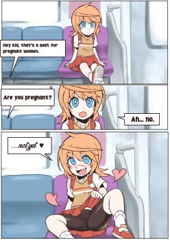 1girl 3koma backpack bag bench bike_shorts blue_eyes blush cameltoe clothes_lift come_hither comic cpt.lovers english_text fang female_focus flat_chest heart highres knee_up lifting_own_clothes loli looking_at_viewer multiple_views naughty_face open_mouth orange_hair original panels pleated_skirt presenting presenting_pussy randoseru red_skirt requesting_impregnation school_bag school_uniform shirt shoes short_hair short_sleeves shorts shorts_under_skirt sitting skin_fang skirt skirt_lift smile sneakers socks speech_bubble spread_legs subway subway_girl_(cpt.lovers) teasing thighs train train_interior vest white_shirt white_socks zenes_9440