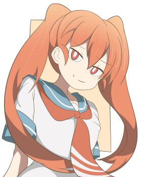 1girl closed_mouth collarbone dot_nose feet_out_of_frame female_focus hair_between_eyes long_hair looking_at_viewer onigiri1999_jpg orange_hair red_eyes ribbon school_uniform serafuku short_sleeves smile solo standing twintails ueno-san_wa_bukiyou ueno_(ueno-san_wa_bukiyou)