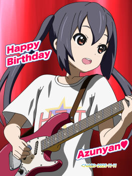 1girl 2025 black_hair brown_eyes character_name collarbone dated dot_nose feet_out_of_frame female_focus guitar hair_between_eyes holding holding_guitar holding_instrument indoors instrument k-on! long_hair nakano_azusa open_mouth plectrum shirt short_sleeves solo standing t-shirt teeth twintails