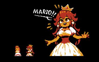 1girl 8-bit black_background breasts cleavage colored_skin comparison crown derivative_work dress earrings english_text gold_crown jewelry mario_(series) meme mushroom_earrings neamosub nintendo official_alternate_color orange_skin pixel_art princess_peach princess_toadstool_redraw_(meme) puffy_short_sleeves puffy_sleeves reference_inset short_sleeves sphere_earrings sprite sprite_art sprite_redraw super_mario_bros._1 white_dress