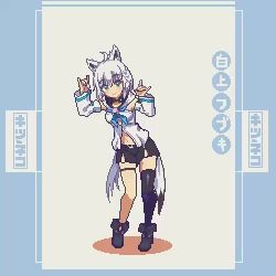1girl ahoge animal_ear_fluff animal_ears animated ankle_boots ass_shake belt black_thighhighs blue_eyes blue_neckerchief boots braid character_name detached_sleeves fold-over_boots fox_ears fox_girl fox_shadow_puppet fox_tail hands_up hololive legwear_garter long_hair lowres multiple_tails navel neckerchief open_clothes open_shirt pixel_art shirakami_fubuki shirakami_fubuki_(1st_costume) short_shorts shorts single_braid single_legwear_garter single_thighhigh solo tail tengu_nouzu thighhighs two_tails video virtual_youtuber white_hair