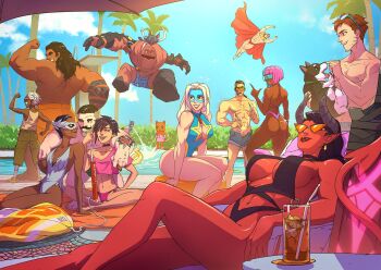 abs ass ball beach_umbrella beachball beard beef_(dispatch) belly bikini black_hair blonde_blazer blonde_hair blue_hair breasts brown_hair cape chase_(dispatch) cleavage cocktail colored_skin coupe_(dispatch) demon_girl demon_horns demon_tail dispatch dog facial_hair flambae_(dispatch) golem_(dispatch) highres horns igloo_studio invisigal large_breasts long_hair malevola_(dispatch) medium_breasts multicolored_hair multiple_boys multiple_girls mustache navel official_art one-piece_swimsuit palm_tree phenomaman pink_hair pointy_ears poolside prism_(dispatch) punch_up_(dispatch) red_cape red_skin robert_robertson royd_(dispatch) short_hair small_breasts sonar_(dispatch) sunglasses swimsuit tail tree umbrella water waterboy_(dispatch)