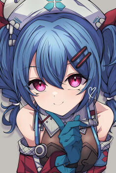 1girl absurdres bare_shoulders blue_gloves blue_hair blush braid colphne_(girls&#039;_frontline_2) colphne_(silent_heart)_(girls&#039;_frontline_2) finger_to_cheek from_above girls&#039;_frontline girls&#039;_frontline_2:_exilium gloves hair_between_eyes hair_ornament hair_ribbon hairclip hand_up hat highres jacket kakuzatou_(cubesugar03196) looking_at_viewer looking_up medium_hair nurse_cap pink_eyes red_ribbon ribbon smile solo twin_braids twintails upper_body