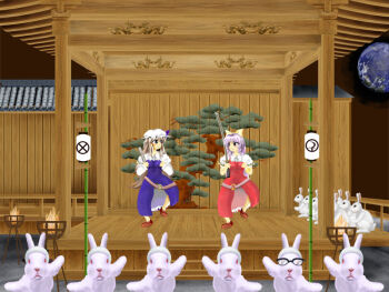 2girls belt blonde_hair blue_bow blue_dress blush_stickers bow brown_shoes commentary_request dancing dress earth_(planet) fire glasses hand_fan hat hat_bow holding holding_fan holding_sword holding_weapon kams lantern long_hair looking_at_another mob_cap multiple_girls paper_lantern pink_hair planet red_dress shirt shoes siblings sisters sword touhou very_long_hair watatsuki_no_toyohime watatsuki_no_yorihime weapon white_rabbit_(animal) white_shirt yagokoro_dance yellow_bow