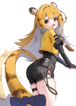 1girl animal_ear_fluff animal_ears ass black_gloves black_shirt blonde_hair blunt_bangs bow clothing_cutout colored_inner_hair cowboy_shot desire_(des1re) elbow_gloves fang from_side gloves green_eyes hair_intakes high-waist_shorts highres hip_vent jacket ju_fufu loli long_hair looking_back multicolored_fur multicolored_hair open_mouth orange_fur shirt shorts simple_background skin_fang skindentation smile solo striped_fur striped_hair tail tail_bow tail_ornament tail_wagging thigh_strap thighs tiger_ears tiger_girl tiger_stripes tiger_tail white_background white_hair yellow_jacket zenless_zone_zero
