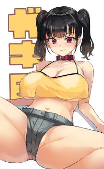 1girl absurdres ashita_(2010) blue_shorts breasts cleavage collar crop_top crop_top_overhang denim denim_shorts highres large_breasts micro_shorts midriff no_bra pink_collar sasaki_kanna shirt shorts smile spread_legs tank_top text_background underboob yellow_shirt