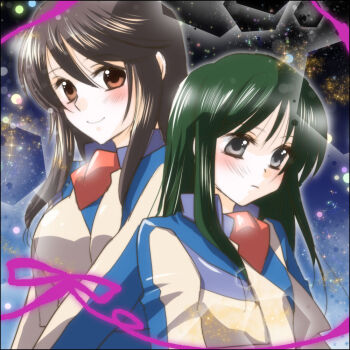 Rule 34 | 2girls, back-to-back, blush, breasts, brown eyes, brown hair, green hair, grey eyes, hair between eyes, long hair, long sleeves, minashiro orihime, multiple girls, ribbon, rinoritama, sidelocks, smile, soukyuu no fafner, tatekami seri, uniform, upper body