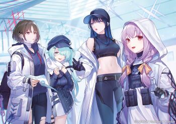 4girls arius_squad_(blue_archive) atsuko_(blue_archive) baseball_cap belt black_belt black_gloves black_hair black_headwear black_pants black_shirt black_sweater blue_archive blue_eyes blue_hair blue_halo braid breasts newsboy_cap colored_inner_hair gloves green_eyes green_hair green_halo grey_halo hair_over_one_eye halo hat highres hiyori_(blue_archive) hood hood_up hooded_jacket jacket large_breasts loalo long_hair long_sleeves mask medium_breasts misaki_(blue_archive) mouth_mask multicolored_hair multiple_girls navel open_clothes open_jacket open_mouth pants purple_hair red_eyes red_halo saori_(blue_archive) scarf shirt short_hair side_ponytail sleeveless sleeveless_shirt small_breasts smile surgical_mask sweater torn_clothes torn_pants twin_braids white_jacket white_mask white_scarf