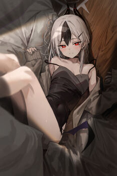 1girl absurdres alternate_costume bare_shoulders black_camisole black_choker black_dress black_hair black_horns blue_archive blush breasts bright_pupils camisole cardigan choker closed_mouth commentary_request covered_navel demon_horns demon_wings dress ear_piercing earclip grey_hair grey_halo halo hidulume highres horns kayoko_(blue_archive) kayoko_(dress)_(blue_archive) legs_up long_hair long_sleeves looking_at_viewer lying multicolored_hair on_back open_cardigan open_clothes piercing red_eyes single_wing sleeves_past_wrists small_breasts solo two-tone_hair white_hair white_halo white_pupils wings