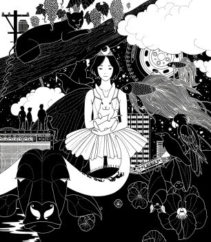 1girl 4boys album_cover amplifier animal ant asian_kung-fu_generation ballerina bare_arms bat_(animal) bear bird bug building bull circle closed_mouth cloud collarbone cover crescent crow fish flower food forehead fruit grapes greyscale highres holding holding_animal horns insect knob leaf leotard looking_at_viewer monochrome multiple_boys nakamura_yuusuke nostrils parrot parted_bangs pinky_out cougar rabbit sea_lion short_hair solo_focus spaghetti_strap standing star_(symbol) straight-on train tree tutu unused_tire utility_pole wheel