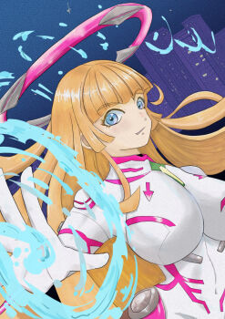 1girl alternate_costume artist_request blue_eyes bodysuit breasts city koukawa_asuka large_breasts long_hair looking_at_viewer official_alternate_costume smile taimanin_(series) taimanin_asagi taimanin_rpgx very_long_hair white_bodysuit