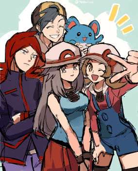 2boys 2girls :d ;d ^_^ black_hair black_thighhighs blue_shirt blue_shorts breast_pocket brown_eyes brown_hair closed_eyes crossed_arms dress_shirt ethan_(pokemon) gen_2_pokemon grin hat head_tilt highres holding holding_pokemon kash-phia leaf_(pokemon) long_hair long_sleeves low_twintails lyra_(pokemon) marill multiple_boys multiple_girls nintendo one_eye_closed open_mouth outstretched_arm pants pocket pokemon pokemon_(creature) pokemon_frlg pokemon_hgss print_hat purple_pants purple_shirt red_hair red_shirt red_skirt shirt short_shorts shorts silver_(pokemon) skirt sleeveless sleeveless_shirt smile suspender_shorts suspenders thighhighs twintails v white_hat
