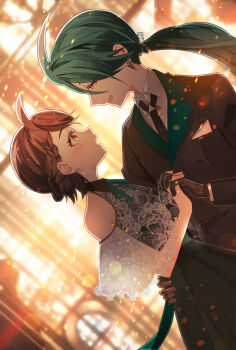 00kashian00 2girls :o ahoge alternate_costume androgynous black_gloves black_hair black_jacket black_necktie black_skirt blurry blurry_background bright_pupils brown_hair clothing_cutout collared_shirt commentary_request dress dutch_angle ear_piercing earrings evening_gown eye_contact formal_clothes from_side gloves green_hair green_ribbon grin half_updo hand_on_another&#039;s_back highres holding_hands interlocked_fingers jacket jewelry juliana_(pokemon) lace lace_shirt light_blush light_particles long_sleeves looking_at_another low_ponytail multiple_girls neck_ribbon necktie nintendo orange_eyes piercing pokemon pokemon_sv ponytail profile red_eyes reverse_trap ribbon rika_(pokemon) shirt short_hair shoulder_cutout skirt smile swept_bangs tomboy upper_body white_pupils white_shirt yuri