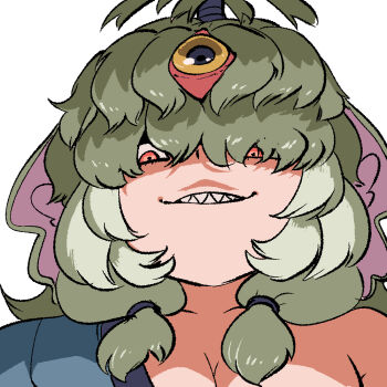 1girl animal_ears bare_shoulders blue_kimono breasts cleavage commentary extra_ears green_hair hair_over_eyes japanese_clothes kemono_friends kimono large_breasts long_hair looking_at_viewer mcgunngu red_eyes sanmoto_gorozaemon_(kemono_friends) simple_background solo teeth upper_body yellow_eyes