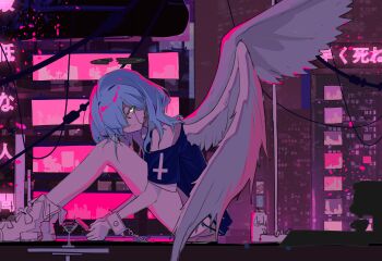 1girl absurdres angel_wings beer_can blank_eyes blue_hair blue_shirt bracelet broken_halo can cellphone cigarette city cityscape cocktail_glass cross cup drink_can drinking_glass expressionless feathered_wings glowing glowing_eyes halo head_on_knees highres holding holding_phone inverted_cross inverted_cross_earrings jewelry medium_hair misaki_(xxxhackerxxxxx) neon_palette night original pants phone power_lines scenery shirt shoes smartphone solo spiked_bracelet spikes translated white_pants white_shoes white_wings wings