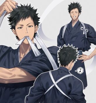 1boy arm_across_chest arm_bow arm_up black_hair black_robe bow brown_eyes cheolsu_o clenched_hand closed_eyes commentary grin hand_on_own_hip highres katekyo_hitman_reborn! looking_at_viewer male_focus mouth_hold multiple_views musical_note parted_lips ribbon ribbon_in_mouth robe short_hair simple_background smile speech_bubble spoken_musical_note symbol-only_commentary veins veiny_arms white_background white_bow white_ribbon yamamoto_takeshi