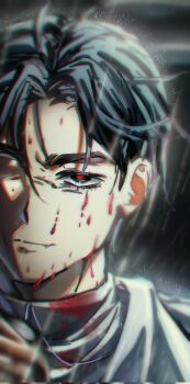 Rule 34 | 1boy, alien stage, black eyes, black hair, blood, closed mouth, commentary, corrupted twitter file, english commentary, fang, fang out, highres, ivan (alien stage), koaen0024, male focus, rain, red pupils, shirt, short hair, solo, turtleneck, turtleneck shirt, very short hair, white shirt