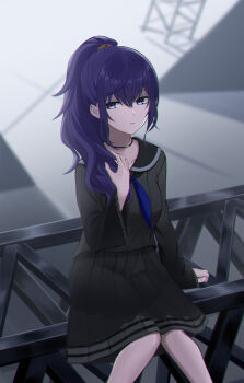 1girl asahina_mafuyu black_choker black_skirt blue_eyes blue_neckerchief blurry blurry_background choker collarbone hair_between_eyes hair_ornament hair_scrunchie high_ponytail highres kit long_hair long_sleeves neckerchief open_mouth pleated_skirt ponytail project_sekai purple_hair school_uniform scrunchie serafuku sitting skirt solo