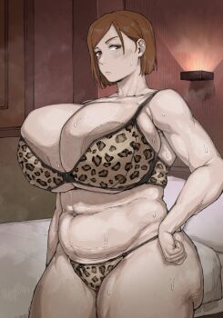 Rule 34 | 1girl, absurdres, akinaiyo, animal print, areola slip, bed, blush, bra, breasts, brown eyes, brown hair, commentary, highres, huge breasts, jujutsu kaisen, kugisaki nobara, leopard print, leopard print bra, leopard print panties, navel, panties, print bra, print panties, short hair, solo, steaming body, sweat, underwear