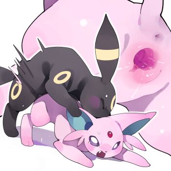 1boy 1girl absurdres animal_sexualization anus black_fur blush closed_eyes espeon fang forehead_jewel from_side gen_2_pokemon highres invisible_penis large_ears looking_at_viewer motion_blur motion_lines multiple_views nintendo no_humans nose_blush open_mouth pokemon pokemon_(creature) pokephilia purple_eyes purple_fur pussy sex sex_from_behind tearing_up top-down_bottom-up umbreon uncensored vaginal white_background youjo_modoki