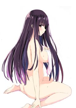 1girl ass awahime ayakashi_triangle back black_hair blush breasts butt_crack completely_nude covering_breasts covering_privates feet highres hirasaka_mei_(ayatora) holding holding_towel large_breasts legs long_hair mole mole_under_eye nude open_mouth purple_eyes sideboob simple_background sitting solo sweat thighs toes towel very_long_hair