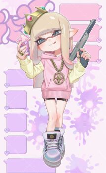 1girl :q bike_shorts black_shorts blonde_hair blue_eyes chain chain_necklace closed_mouth commentary commission crown full_body gold_crown gradient_hair high_tops highres holding holding_phone holding_weapon hood hood_down hoodie inkling inkling_girl inkling_player_character jewelry long_hair long_sleeves looking_at_phone multicolored_hair multicolored_shoes n-zap_(splatoon) necklace nintendo phone pink_hair pink_hoodie puchiman ring shoes shorts sneakers solo splatoon_(series) standing symbol-only_commentary tentacle_hair tilted_headwear tongue tongue_out watermark watermark_grid weapon yellow_sleeves