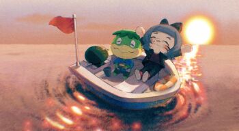 Rule 34 | 1boy, 1girl, :3, animal crossing, black jacket, black pants, blue shirt, boat, bow, closed eyes, full body, grey hair, hair bow, highres, humanlynn, jacket, kapp'n (animal crossing), nintendo, on boat, outdoors, pants, ripples, shirt, short hair, stretching, sunset, villager (animal crossing), watercraft