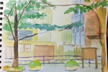 absurdres brick_wall building fence harusa1107 hedge highres no_humans original painting_(medium) path road sketch town traditional_media tree watercolor_(medium) window