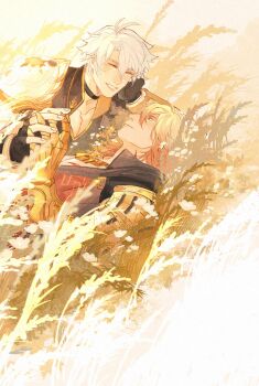 2boys antenna_hair arm_tattoo armor black_choker black_coat black_shirt blonde_hair braid chest_tattoo choker clawed_gauntlets closed_eyes coat commentary earrings facial_tattoo gold_earrings gold_necklace gradient_hair head_rest highres holding_hands honkai:_star_rail honkai_(series) jewelry lying male_focus medium_hair multicolored_hair multiple_boys mydei_(honkai:_star_rail) neck_tattoo necklace on_back open_clothes open_coat parted_bangs pauldrons phainon_(honkai:_star_rail) raccun7 red_hair red_tattoo shirt short_hair shoulder_armor side_braid single_pauldron tattoo wheat_field white_coat white_hair yaoi yellow_eyes