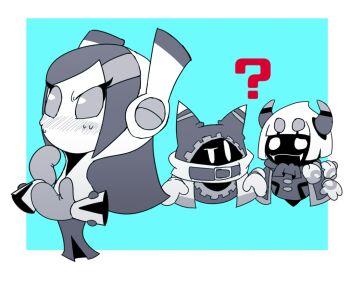 1girl 2boys ? blue_background blush border cape disembodied_hand extra_arms fangs greyscale_with_colored_background horns kirby_(series) looking_at_another magolor multiple_boys ni_re nintendo outside_border rayman_limbs scarf susie_(kirby) sweat taranza white_border