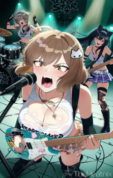 3girls ahoge anis_(nikke) anis_(star)_(nikke) aqua_hairband aqua_headband bare_shoulders belt black_boots black_choker black_gloves black_hair black_nails black_thighhighs blue_eyes blue_headband blush boots bracelet breasts brown_eyes brown_hair cat_ear-shaped_hair cat_ornament choker cleavage collarbone cymbals doro_(nikke) drum drum_set drumsticks drunk electric_guitar fingerless_gloves fish_hair_ornament gloves goddess_of_victory:_nikke grey_hair guitar hair_ornament hairband headband highres holding holding_guitar holding_instrument instrument jewelry large_breasts long_hair microphone microphone_stand midriff mint_(nikke) multiple_girls navel necklace open_mouth playing_instrument prika_(nikke) purple_skirt short_hair signing skirt smile sticker studded_bracelet t.t._star_(nikke) tank_top teeth theheatnix thigh_boots thighhighs torn_clothes torn_tank_top torn_thighhighs white_belt white_tank_top