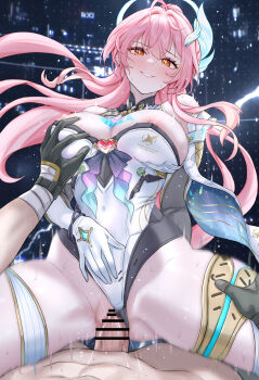 1boy 1girl absurdres aemeath_(wuthering_waves) bar_censor black_gloves blush breasts censored clothed_sex clothing_aside commentary cowgirl_position daram_(shappydude) elbow_gloves game_screenshot_background girl_on_top gloves grabbing_another's_breast groping hair_ornament hand_on_own_stomach hetero highres large_breasts large_variant_set leotard leotard_aside long_hair looking_at_viewer male_rover_(wuthering_waves) nipples orange_eyes parted_lips penis pink_hair pov pussy rover_(wuthering_waves) screenshot_background sex smile star-shaped_pupils star_(symbol) straddling symbol-shaped_pupils thighs vaginal variant_set white_gloves white_leotard wuthering_waves