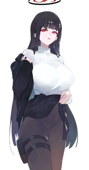 Rule 34 | 1girl, :o, absurdres, black hair, black jacket, black skirt, blue archive, breasts, brown pantyhose, clothes lift, dokshuri, halo, highres, holster, huge breasts, jacket, jacket partially removed, long hair, looking at viewer, pantyhose, red eyes, rio (blue archive), simple background, skirt, skirt lift, solo, straight hair, sweater, sweater tucked in, thigh holster, very long hair, white background, white sweater
