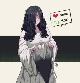 1girl black_hair black_leotard black_nails closed_mouth clothes_hanger dress hair_over_one_eye halloween holding holding_clothes_hanger jk_arts leotard like_and_retweet long_hair red_eyes solo the_ring twitter_username white_dress yamamura_sadako