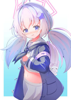 1girl absurdres ahoge animal_charm backpack bag bag_charm blue_archive blue_hair blush border charm_(object) choppy_bangs commentary_request cowboy_shot crop_top cropped_shirt from_side gradient_background grey_jacket grey_neckerchief grey_serafuku grey_shirt grey_skirt hair_ornament highres jacket long_hair long_sleeves looking_at_viewer looking_to_the_side midriff multicolored_hair navel neckerchief open_clothes open_jacket outside_border parted_lips purple_eyes raised_inner_eyebrows ratemaru reisa_(blue_archive) sailor_collar school_uniform serafuku shirt skirt solo star_(symbol) star_hair_ornament streaked_hair tearing_up turning_head twintails white_border white_sailor_collar